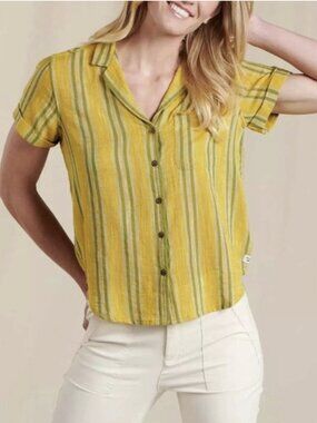 Toad&Co Camp Cove Short Sleeve Striped Cotton Shirt Button Down Yellow Sz Large